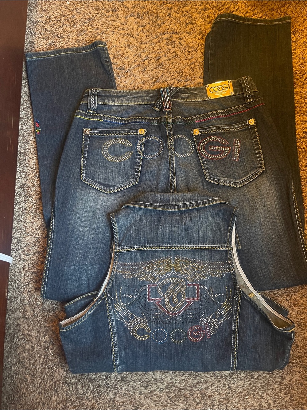 COOGI Women's Dark Blue Rhinestone Embellished Straight Leg Jeans and Vest